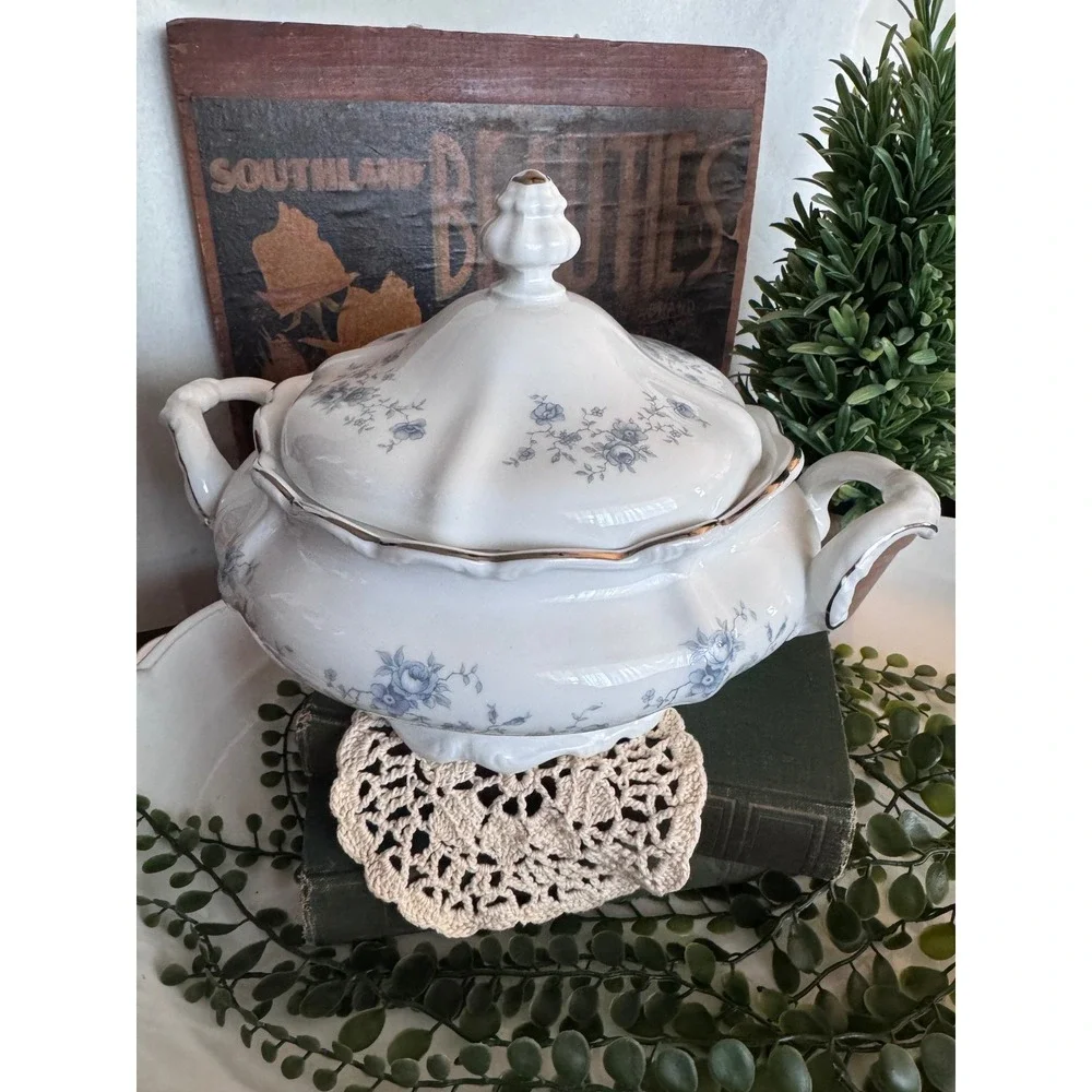 Vintage White Porcelain Soup Tureen Blue Floral Gold Trim Scalloped Lid 11in